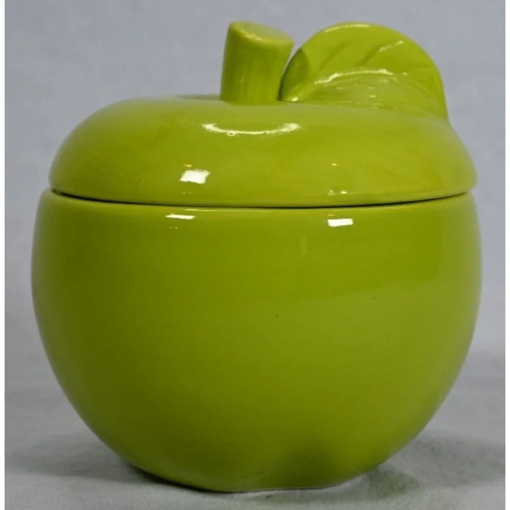 Green Apple Shaped Ceramic Canister With Lid Kitchen Décor Storage Jar